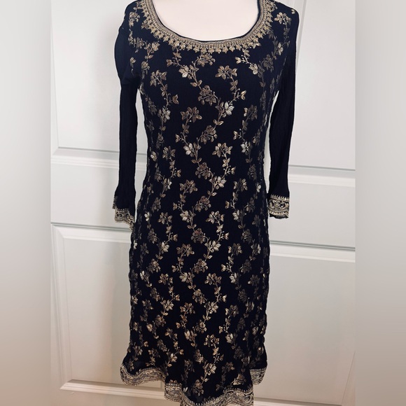 Boho Embroidered Kurta Tunic Dress Set Navy Gold Dupatta Festival L Ethnic - Picture 4 of 12